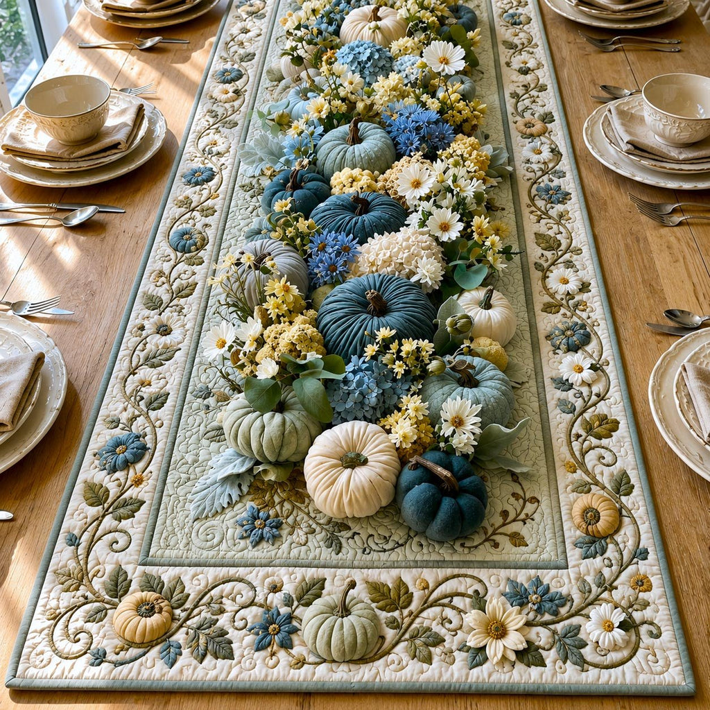 White and Blue Pumpkins with Vine Border Table Runner
