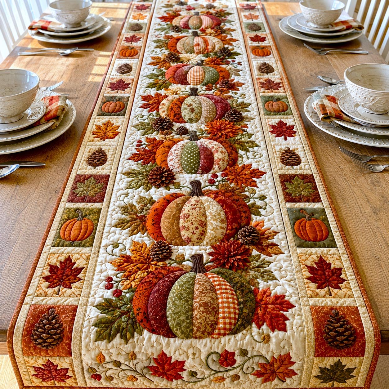 Pumpkins with Fall Leaves on Cream Table Runner