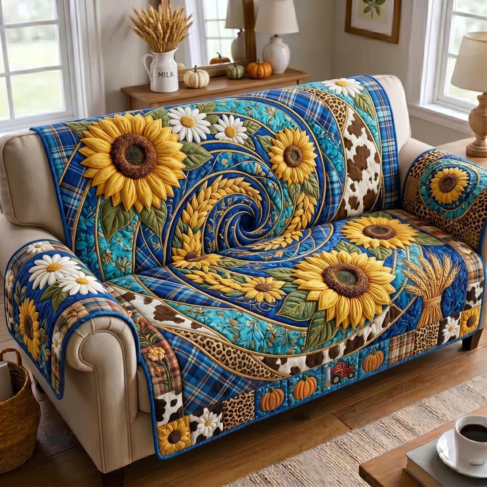 Sunflowers on Blue Swirls and Cowhide Sofa Cover