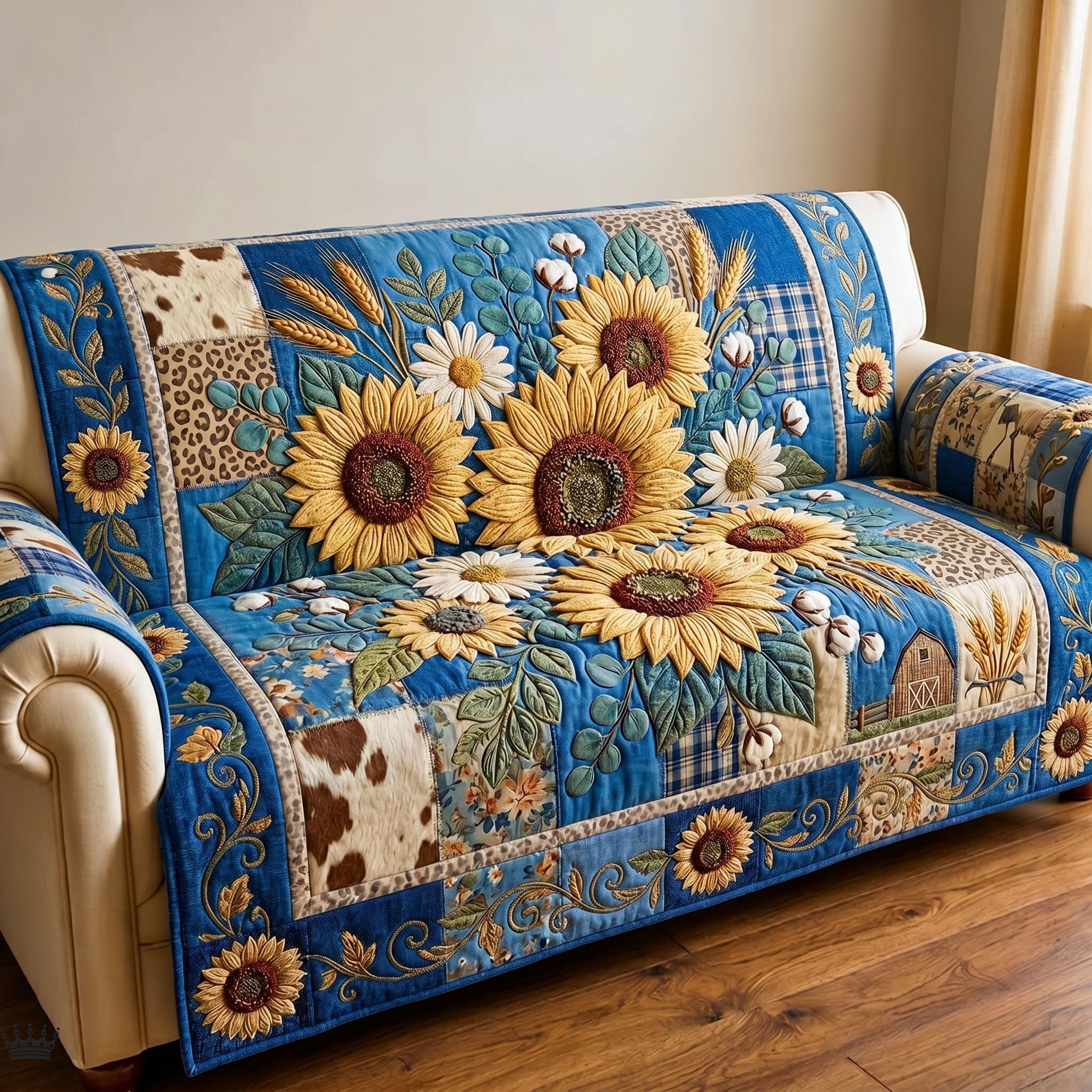 Sunflowers on Blue Paisley Patchwork Sofa Cover