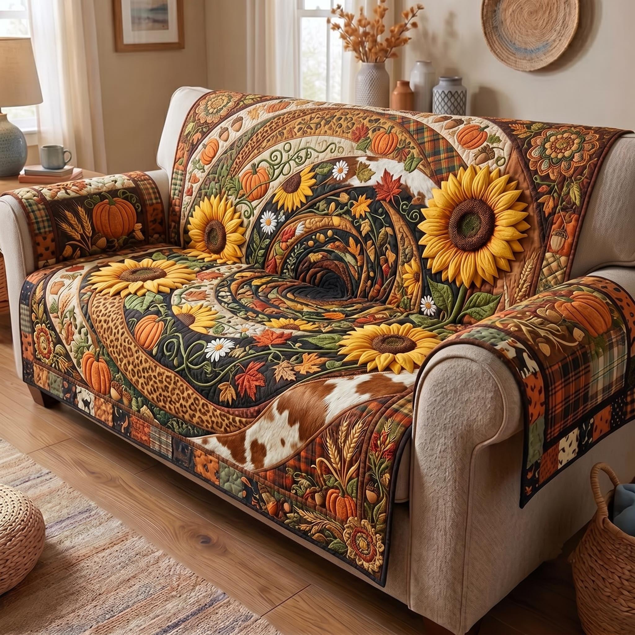 Sunflowers on Brown Paisley Swirl Sofa Cover