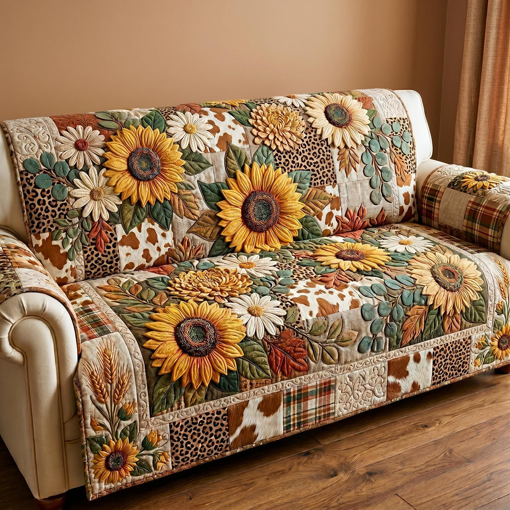 Sunflowers with Cowhide and Plaid Sofa Cover
