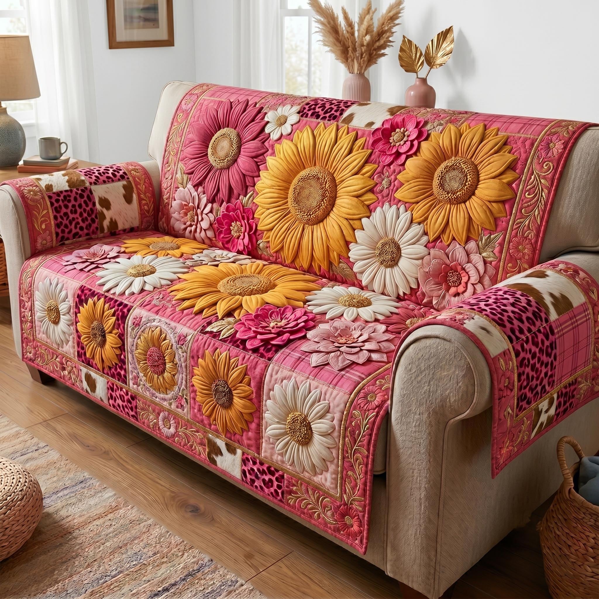 Sunflowers and Daisies on Pink Sofa Cover