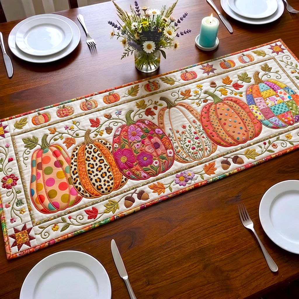 Bright Patterned Pumpkins in a Row Table Runner