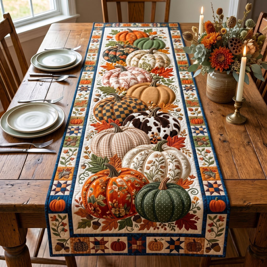 Pumpkin Pile with Plaid Blocks Table Runner