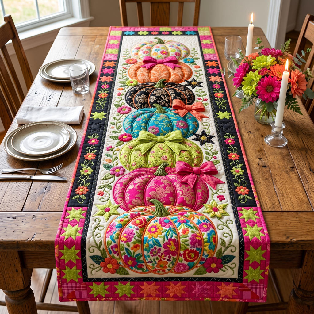 Bright Pink and Green Pumpkins Table Runner