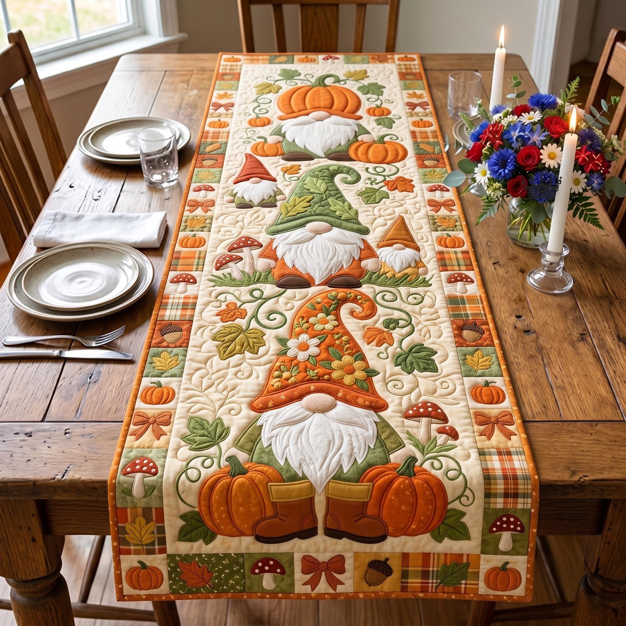 Gnome with Pumpkins and Vines Table Runner