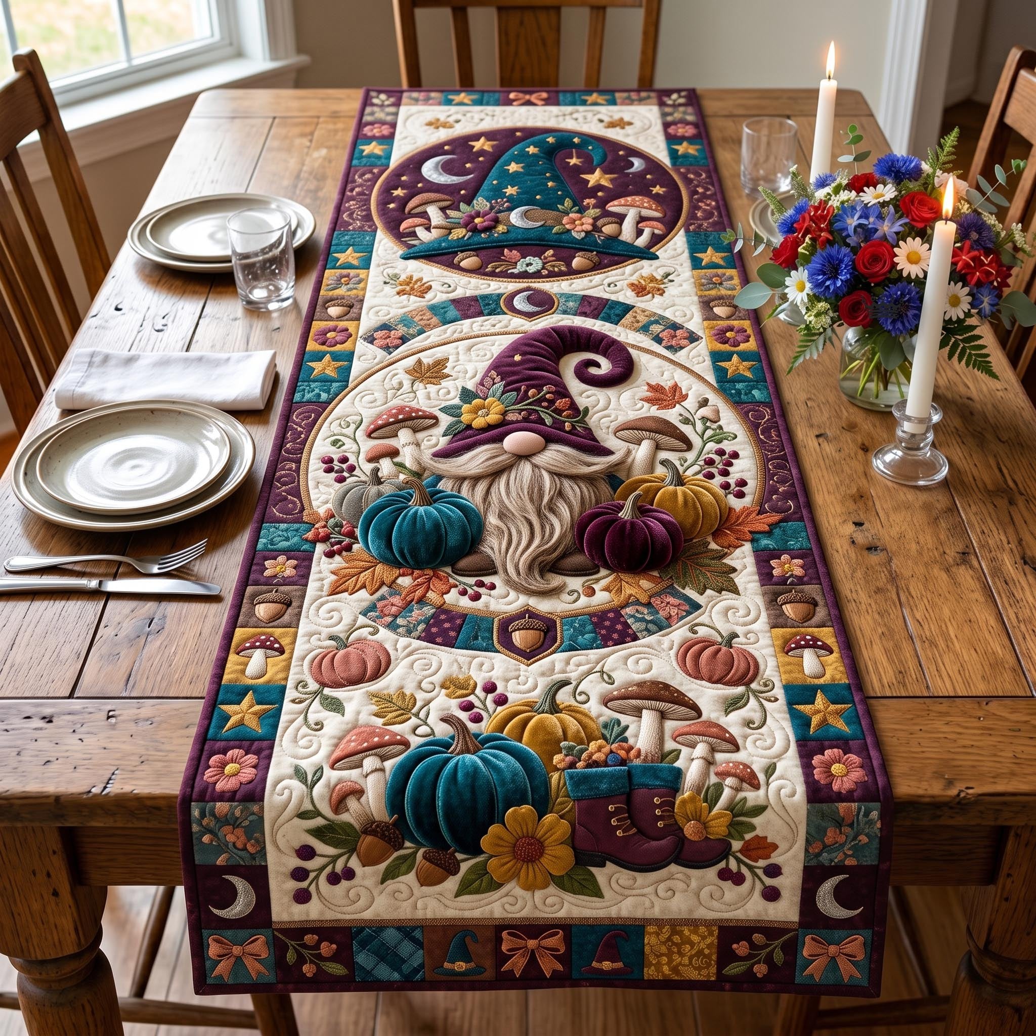 Gnomes with Pumpkins and Mushrooms Table Runner