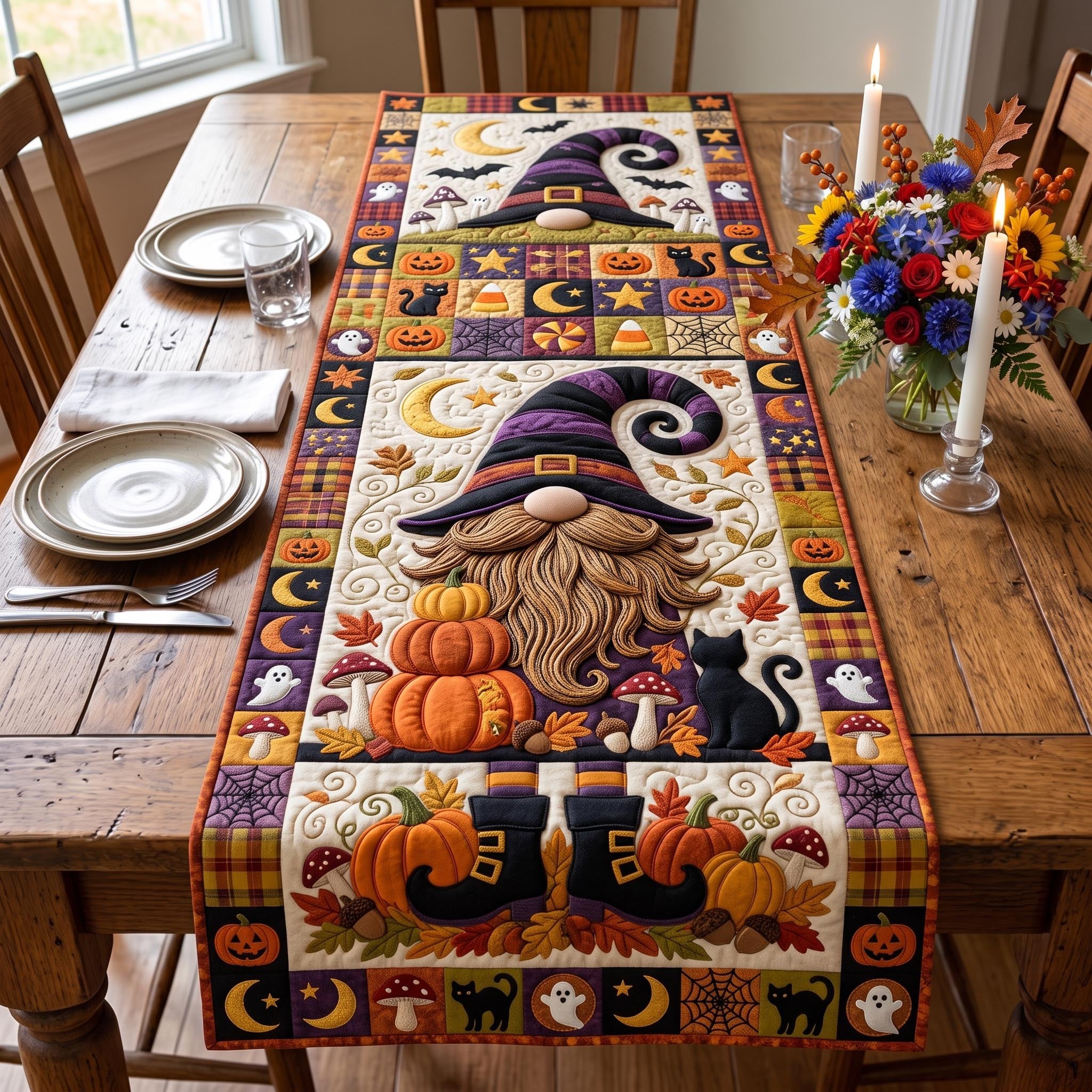 Gnome in Witch Hat with Black Cat Table Runner
