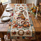 Gnome with Pumpkins and Cream Flowers Table Runner