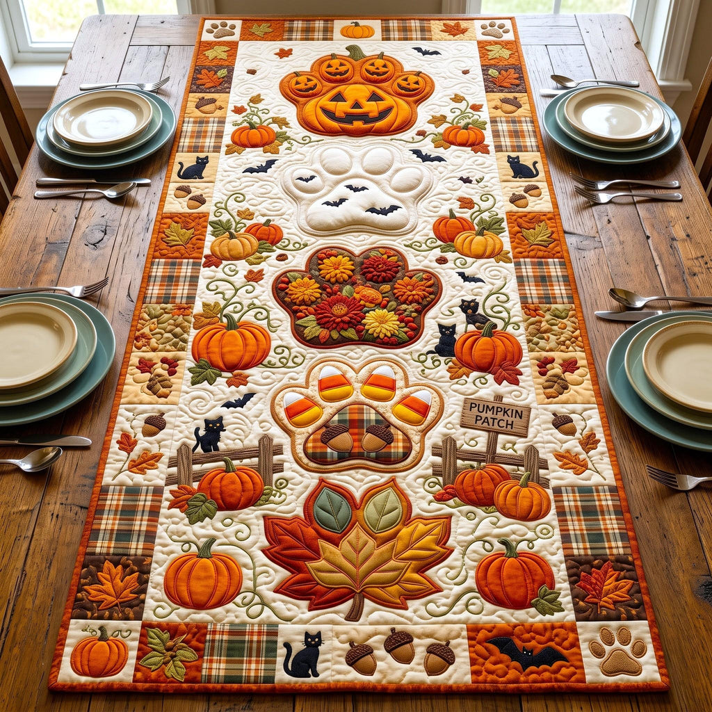 Folk Autumn Blocks with Pumpkins and Cats Table Runner