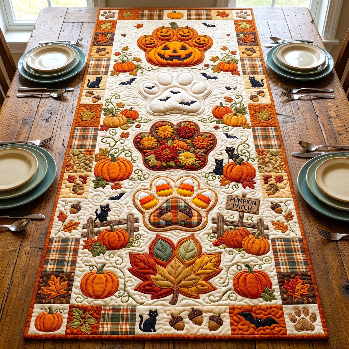 Folk Autumn Blocks with Pumpkins and Cats Table Runner
