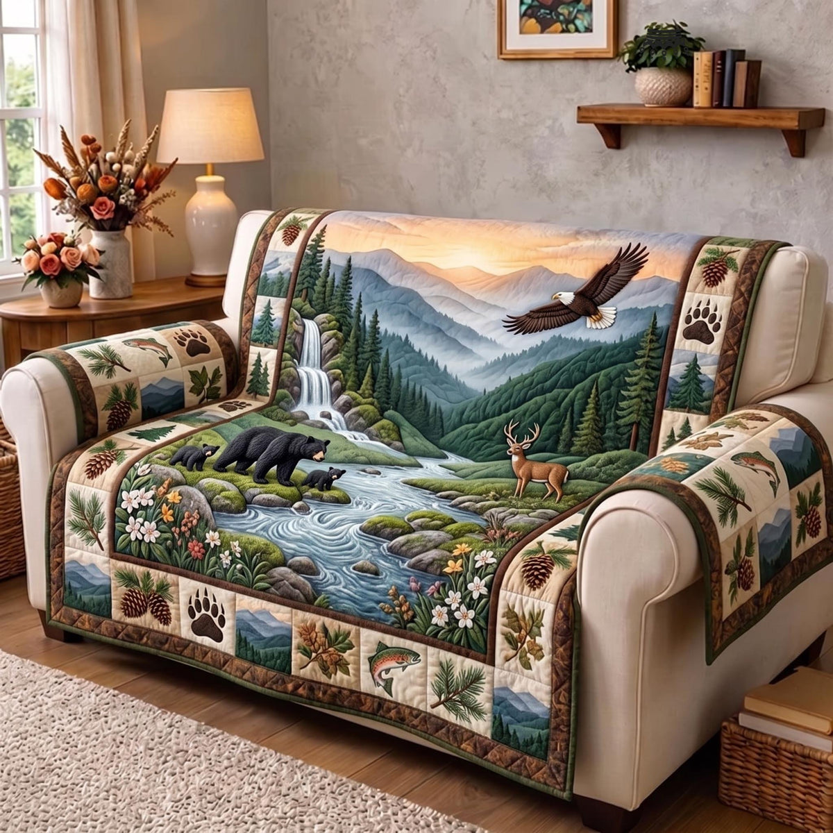 Bear and Eagle by the Waterfall Sofa Cover