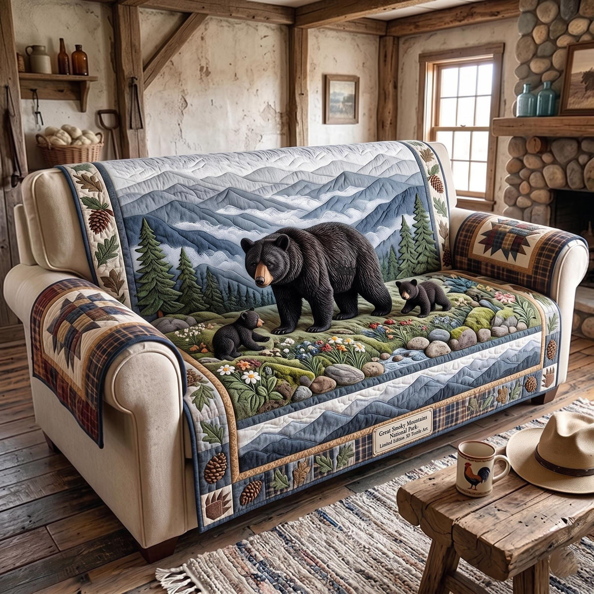 Black Bear Family on the Mountain Meadow Sofa Cover