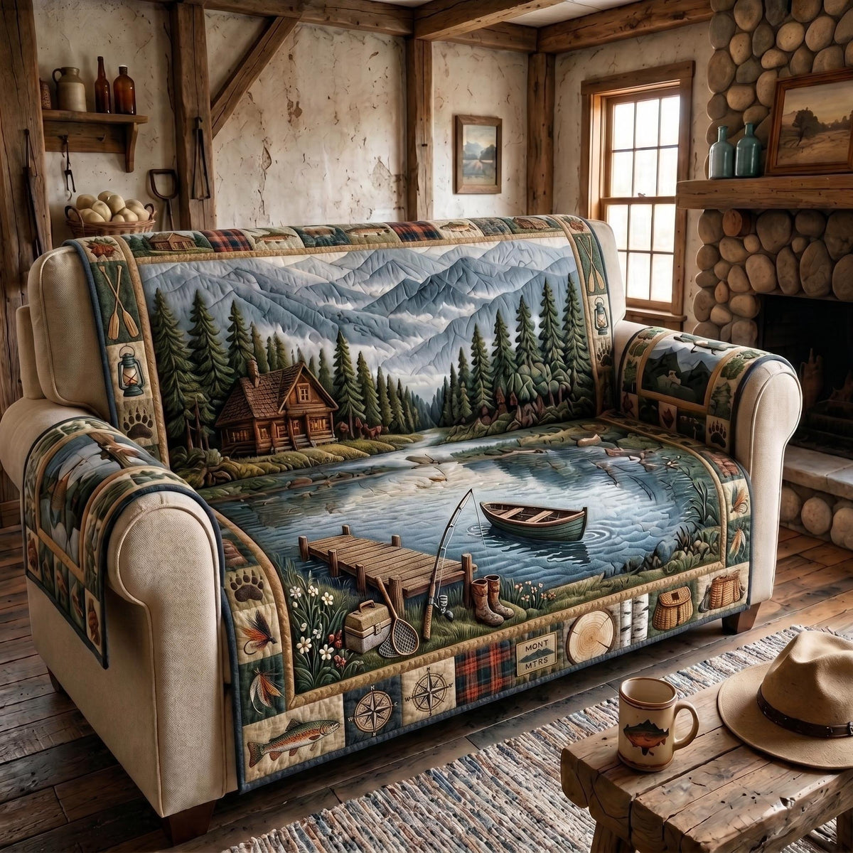 Cabin and Rowboat on the Quiet Lake Sofa Cover