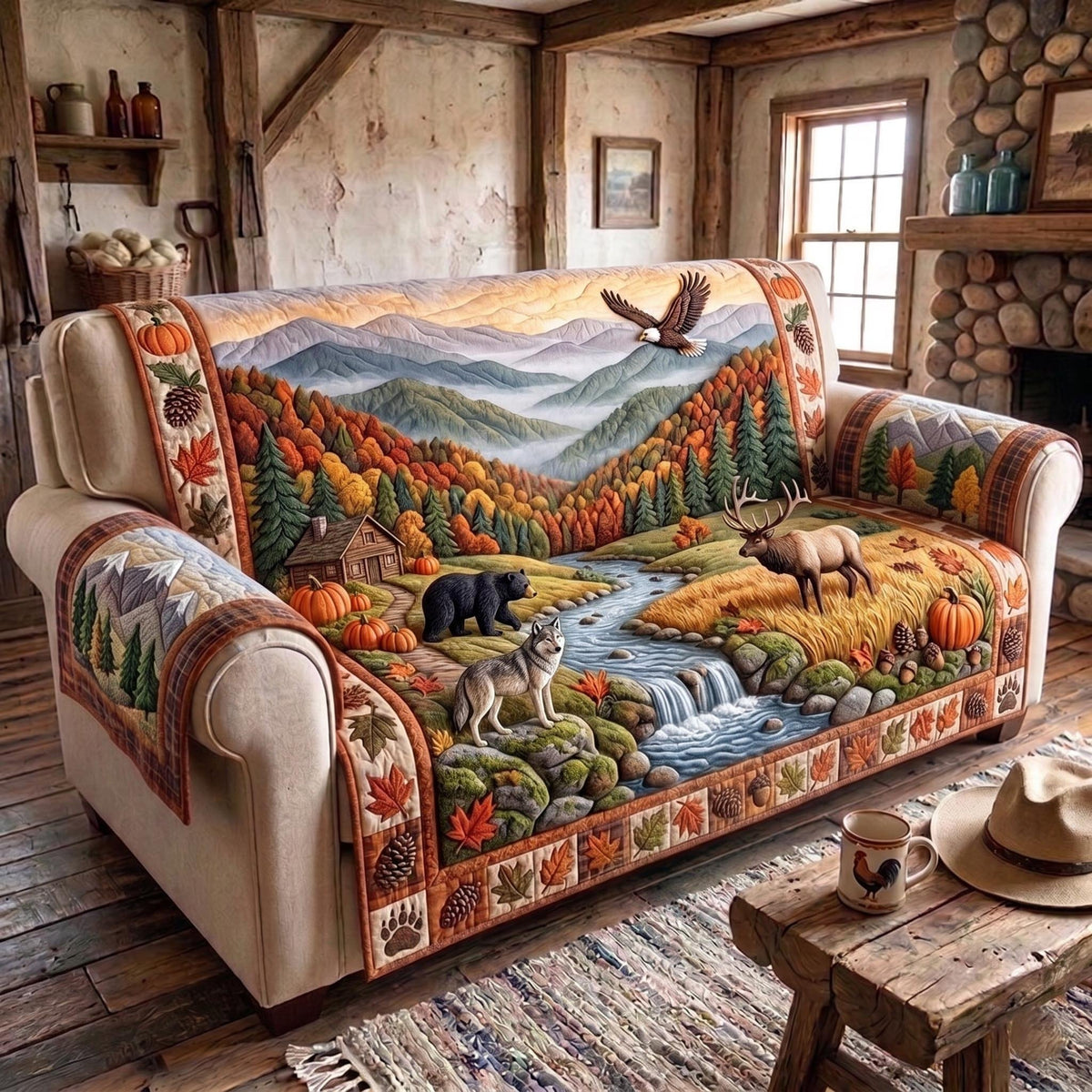 Autumn Valley with Wolves and Bear Sofa Cover