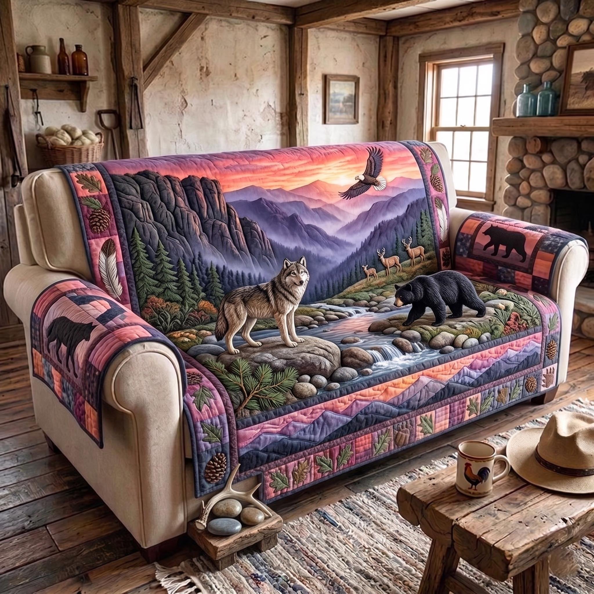 Wolf on the Cliff at Purple Sunset Sofa Cover