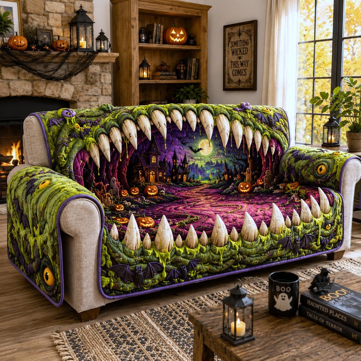 White Fangs Over the Pumpkin Cave Sofa Cover