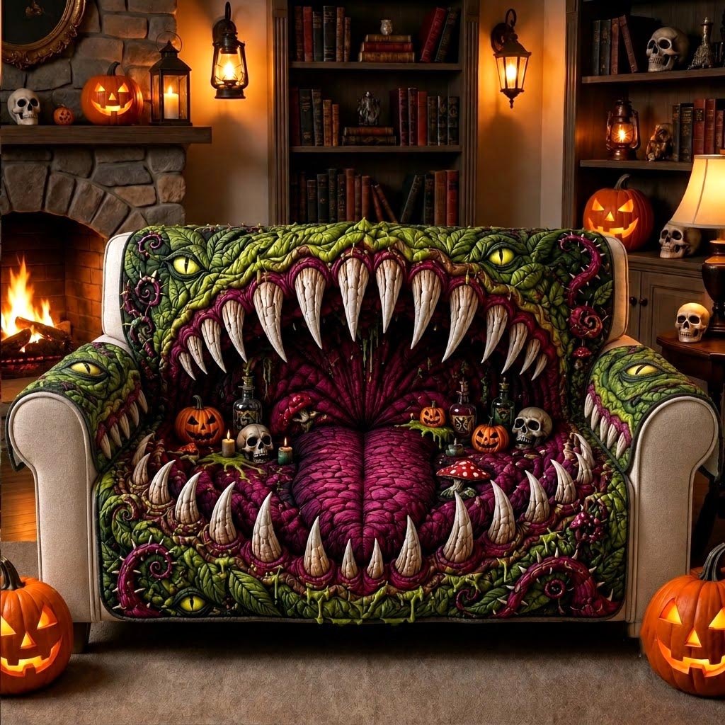 Green Monster Jaws Among Pumpkins and Skulls Sofa Cover