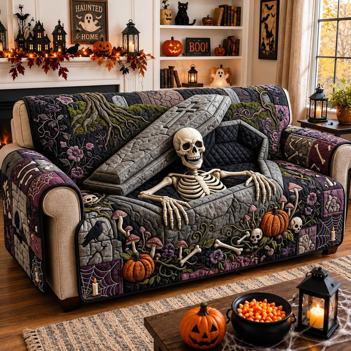 Skeleton Climbing Out of the Stone Coffin Sofa Cover