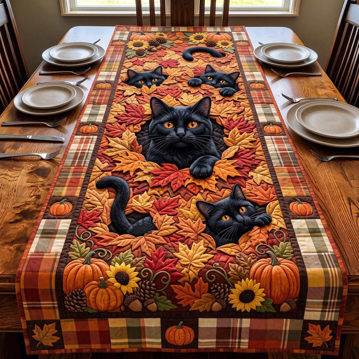 Black Cats Among Leaves and Sunflowers Table Runner