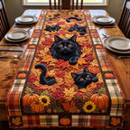 Black Cats Among Leaves and Sunflowers Table Runner
