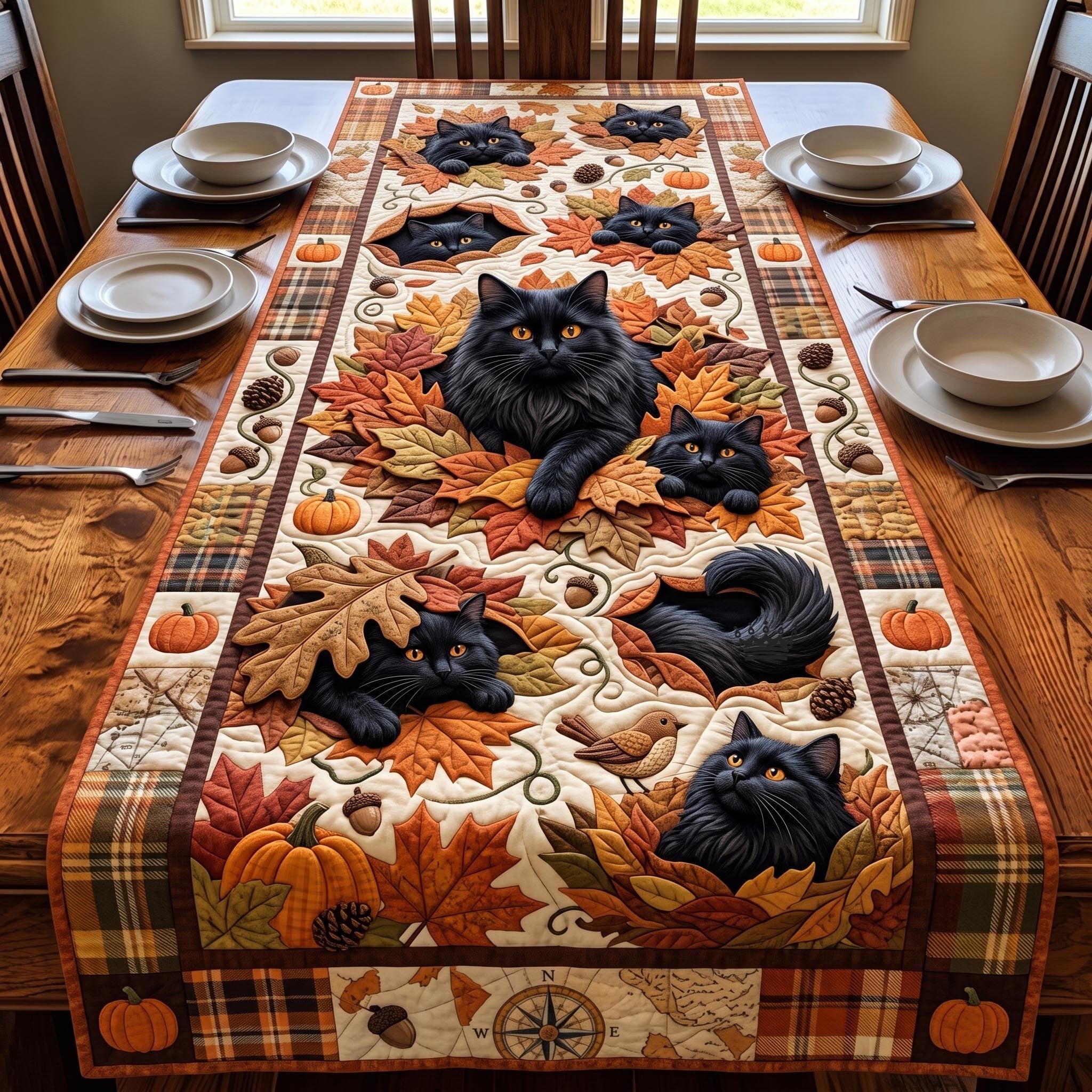 Black Cats on Brown Autumn Leaves Table Runner