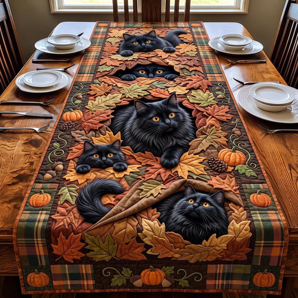 Black Cats with Pumpkins and Leaves Table Runner