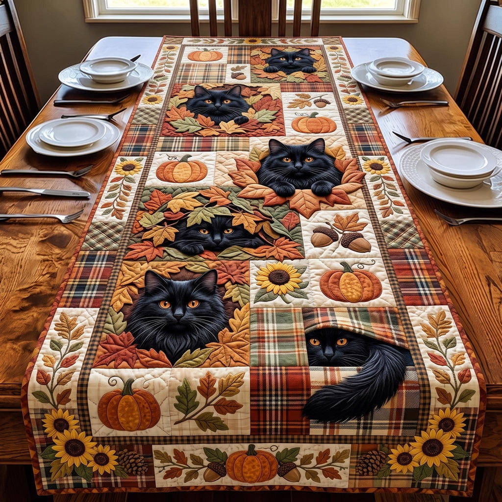 Black Cats on Plaid with Pumpkins Table Runner