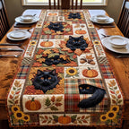Black Cats on Plaid with Pumpkins Table Runner