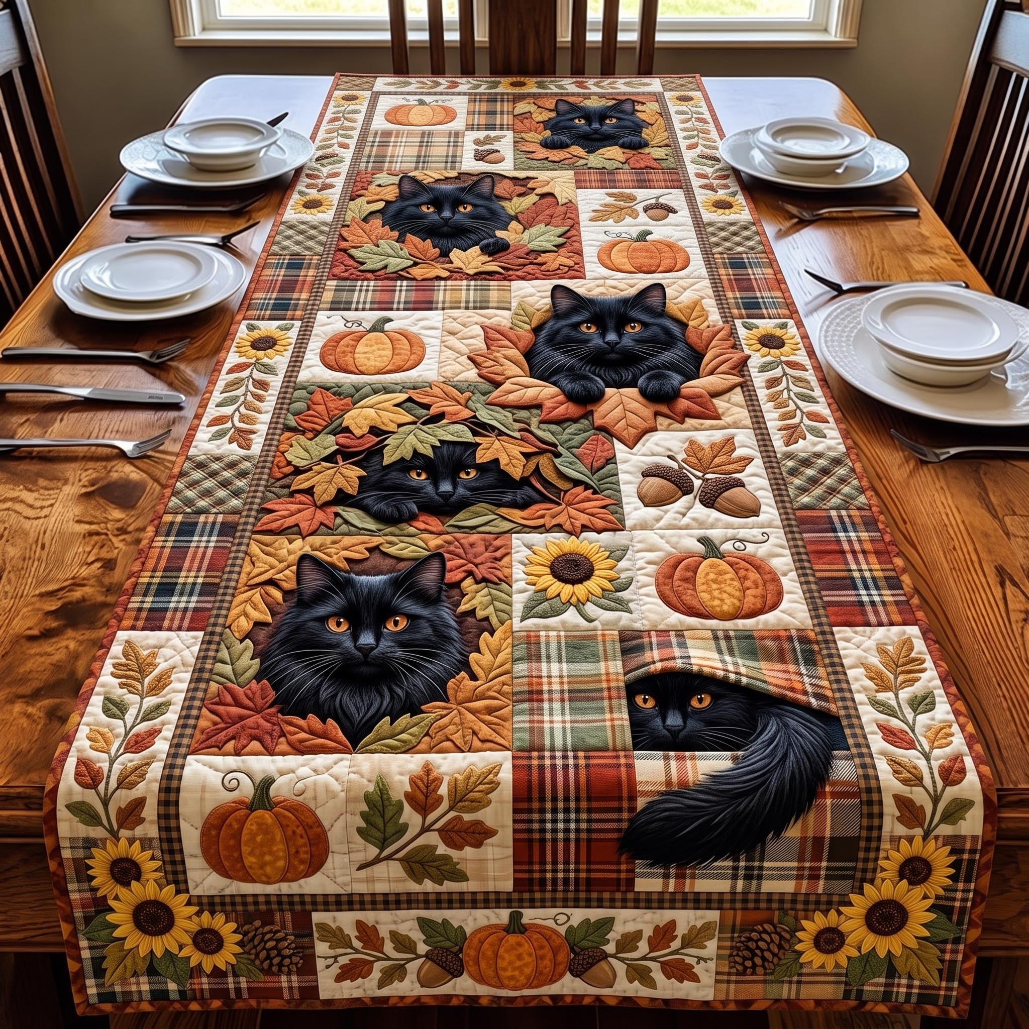 Black Cats on Plaid with Pumpkins Table Runner