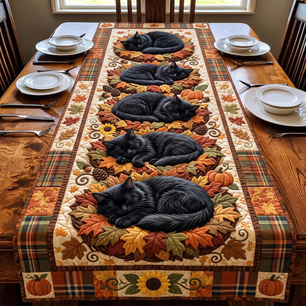 Sleeping Black Cats Among Leaves Table Runner