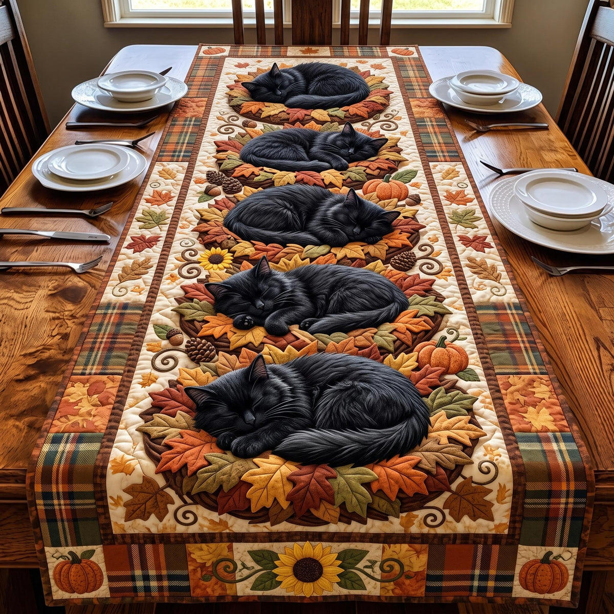 Sleeping Black Cats Among Leaves Table Runner