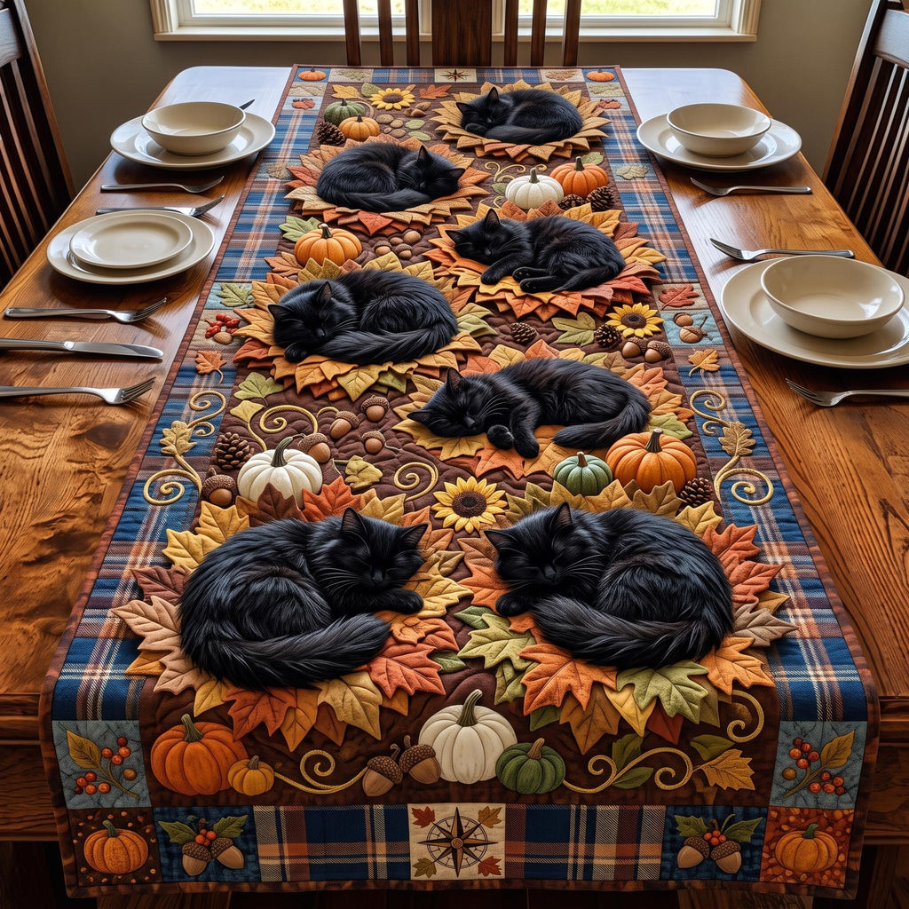 Black Cats with Sunflowers and Pumpkins Table Runner