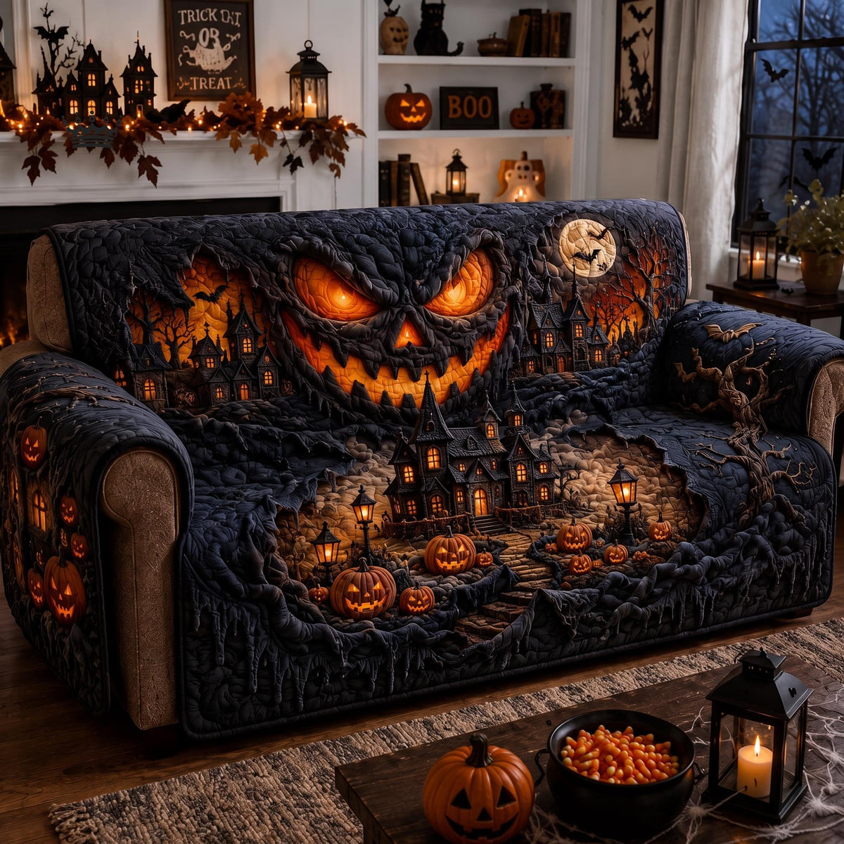 Glowing Jack O Lantern Above the Haunted Village Sofa Cover