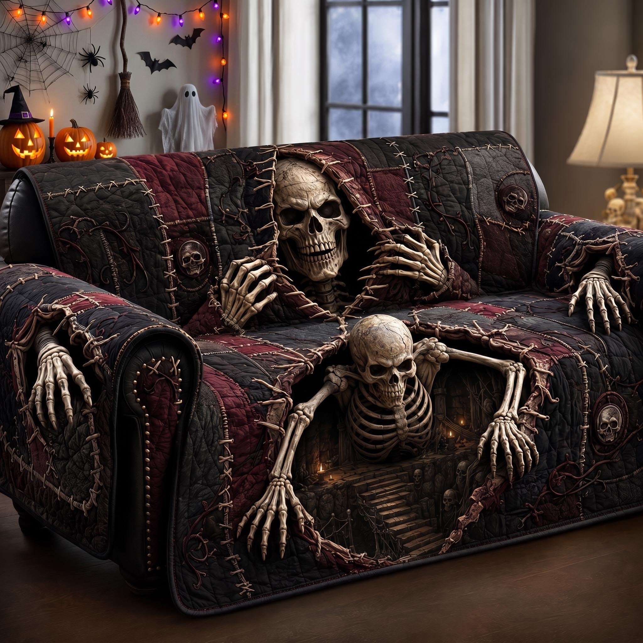 Skeleton Reaching from the Dark Red Shroud Sofa Cover