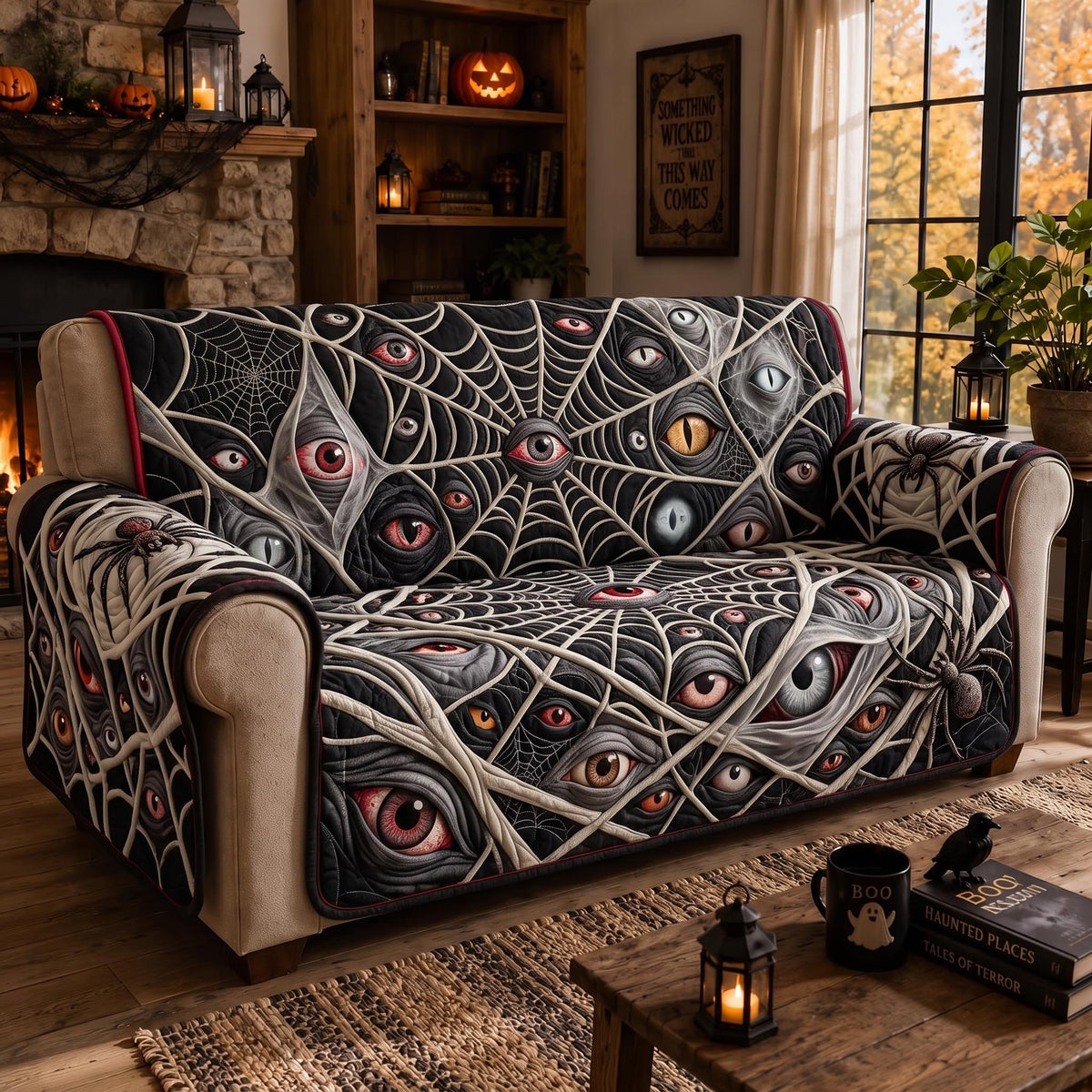 Grey Cobweb Filled with Watching Eyes Sofa Cover
