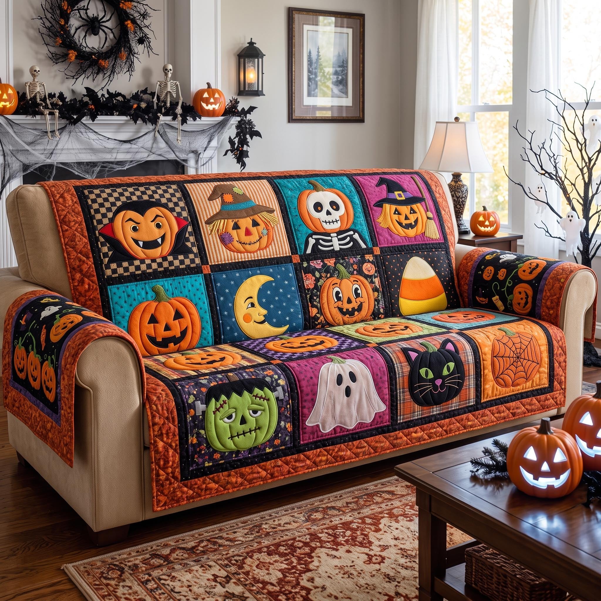 Halloween Blocks with Ghosts and Cats Sofa Cover