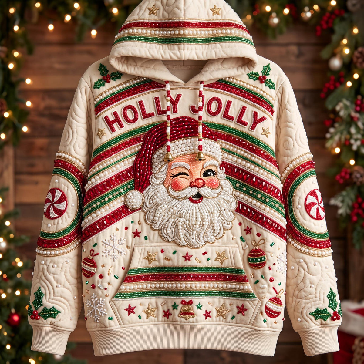Holly Jolly Santa on Cream hoodie, all-over print