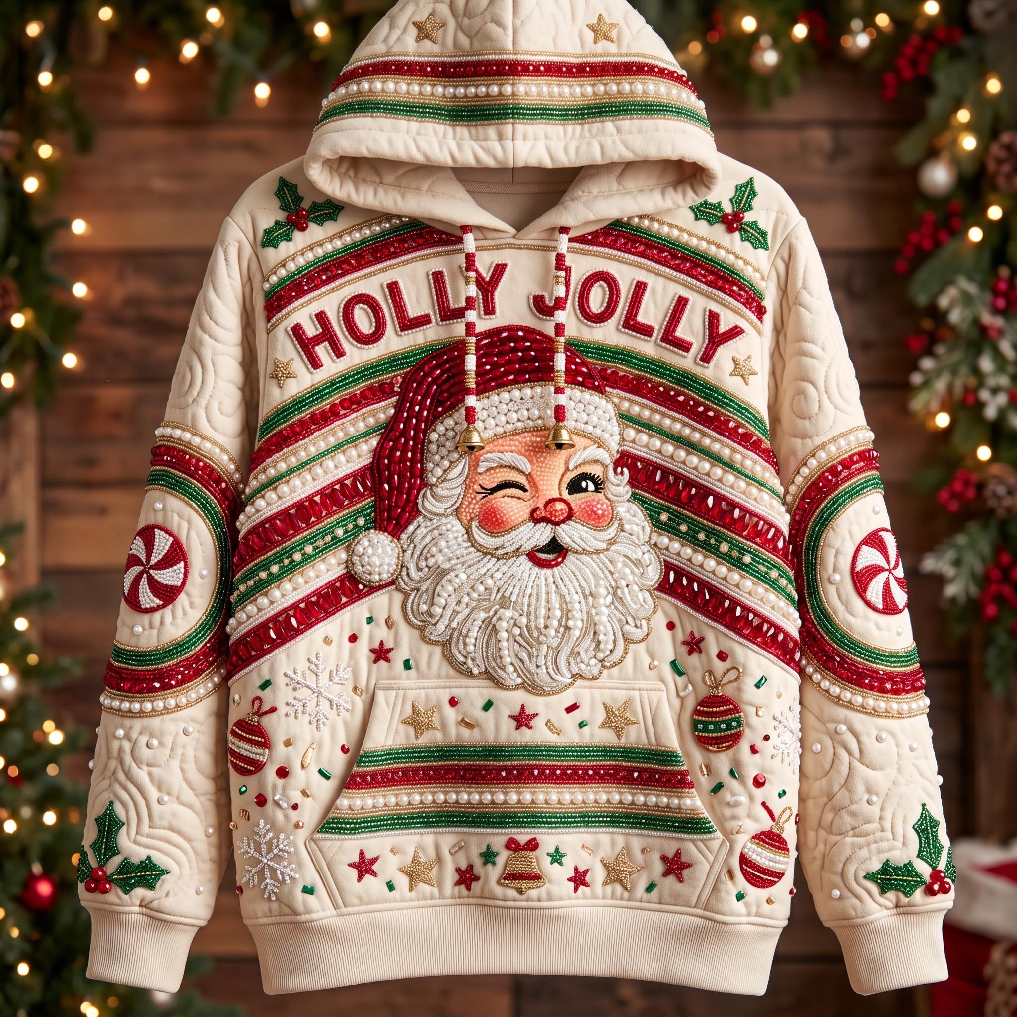 Holly Jolly Santa on Cream hoodie, all-over print