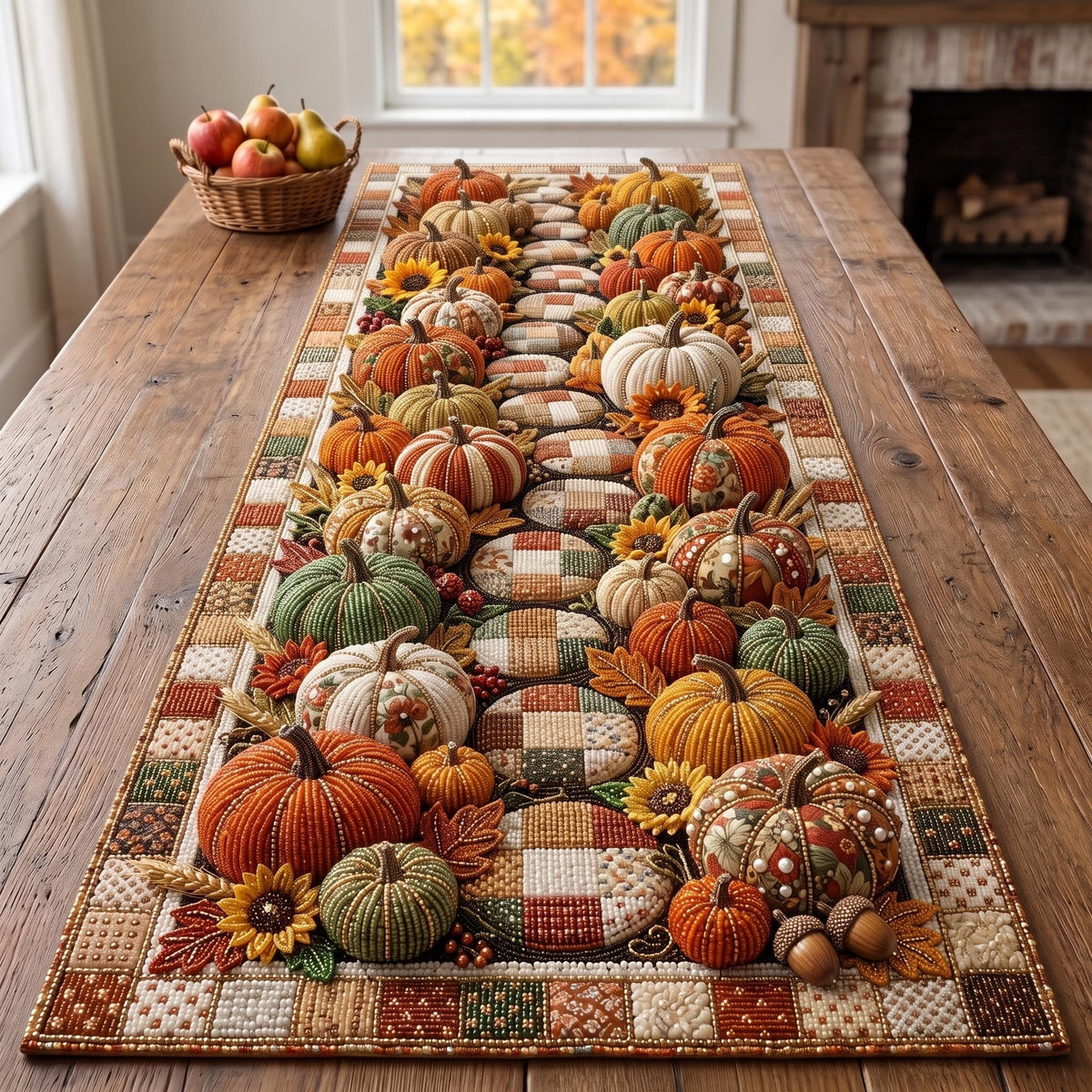 Pumpkin Pile on Checkered Border Table Runner