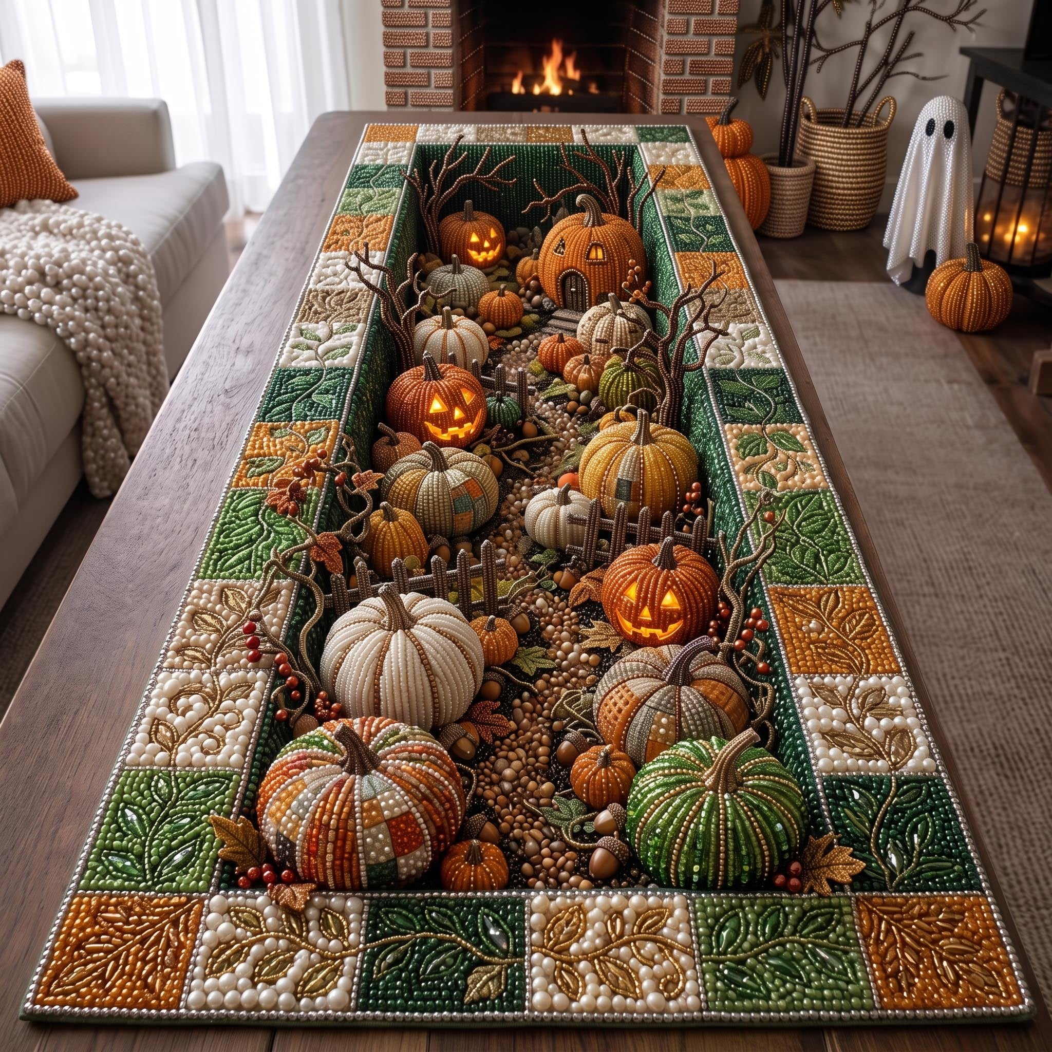 Pumpkins on Green Patchwork Table Runner