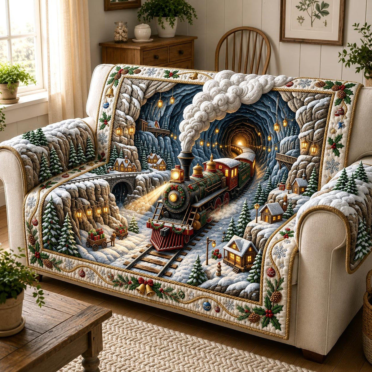Christmas Steam Train Through the Snow Tunnel Sofa Cover