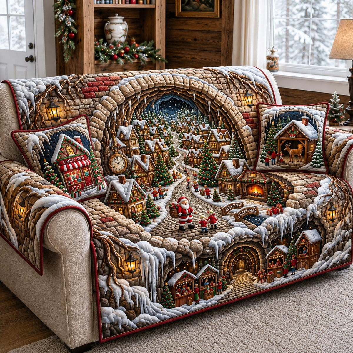 Santa Village Inside the Stone Arch Sofa Cover