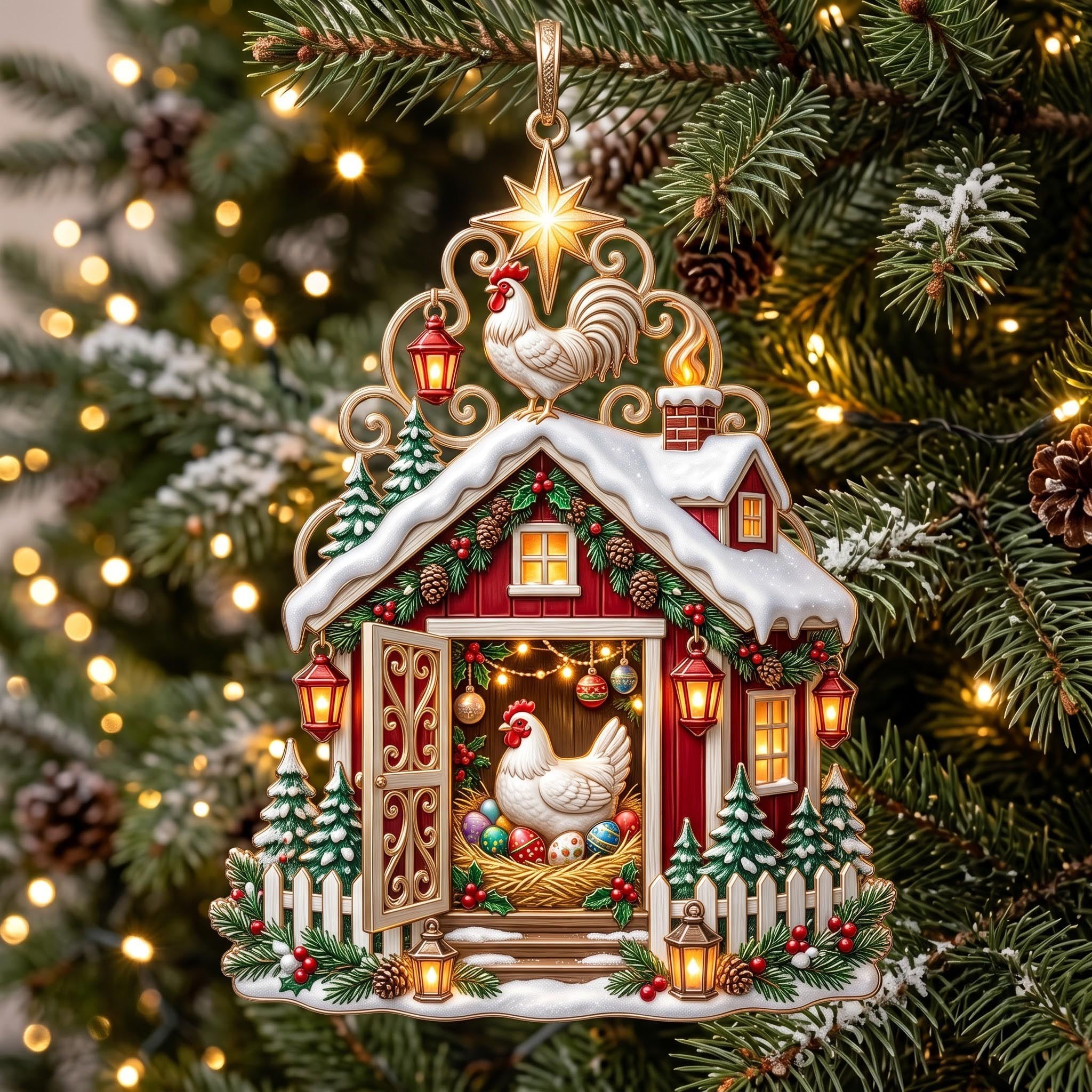 Chicken Cottage Christmas Ornament
