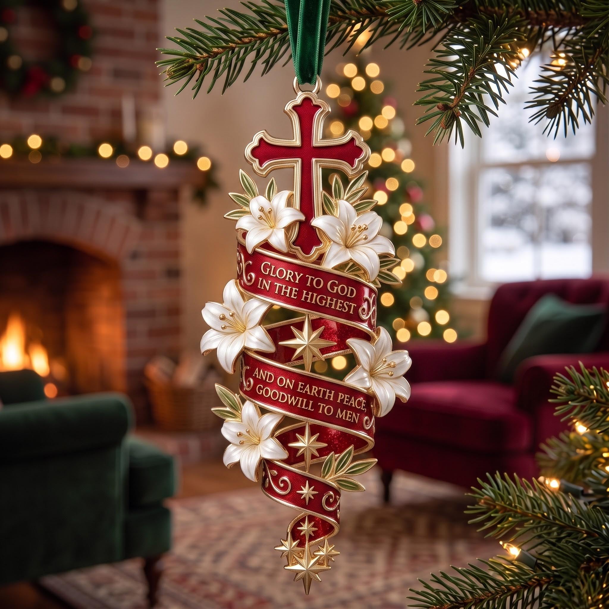 Glory to God Ribbon Cross Christmas Ornament