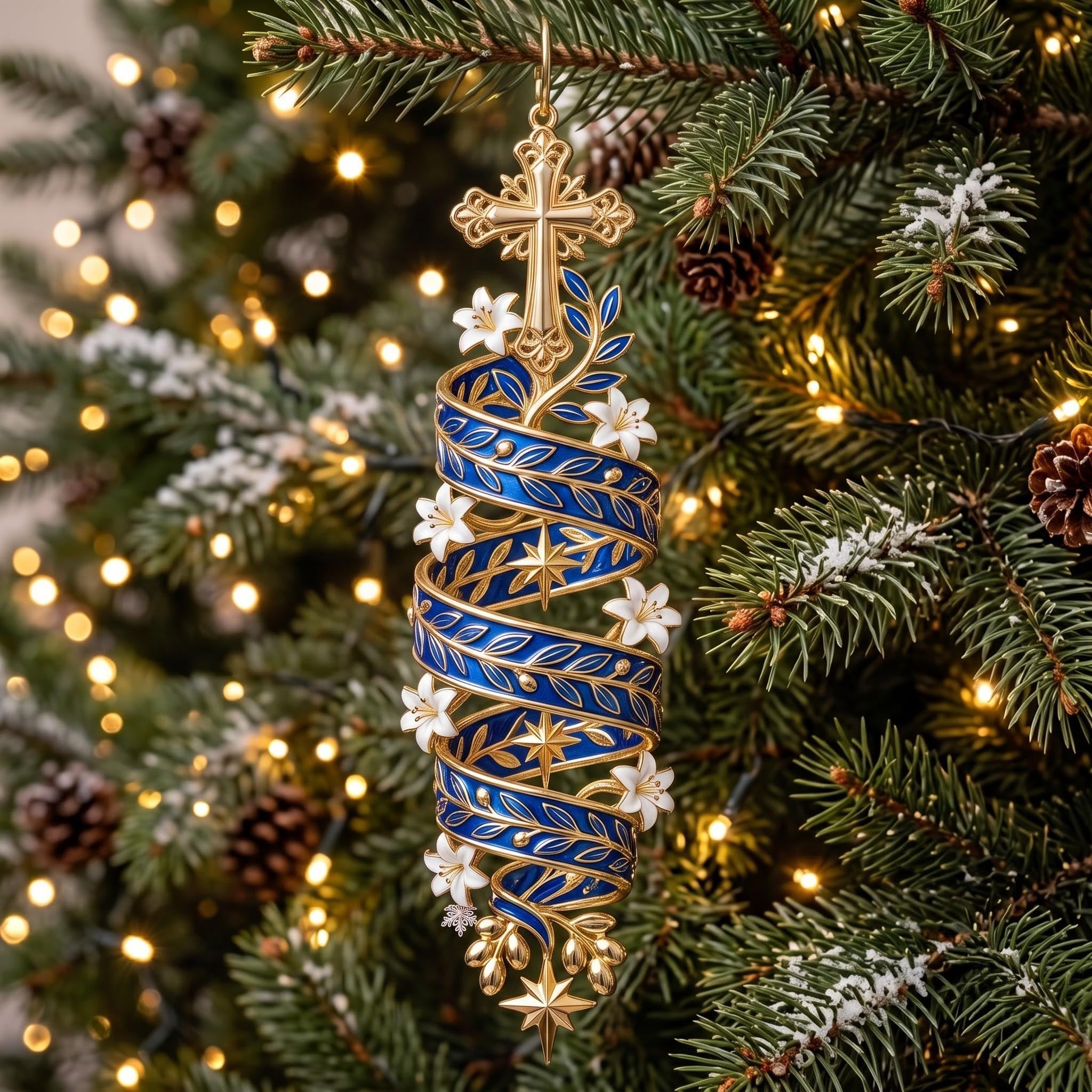 Sapphire Ribbon Cross Christmas Ornament