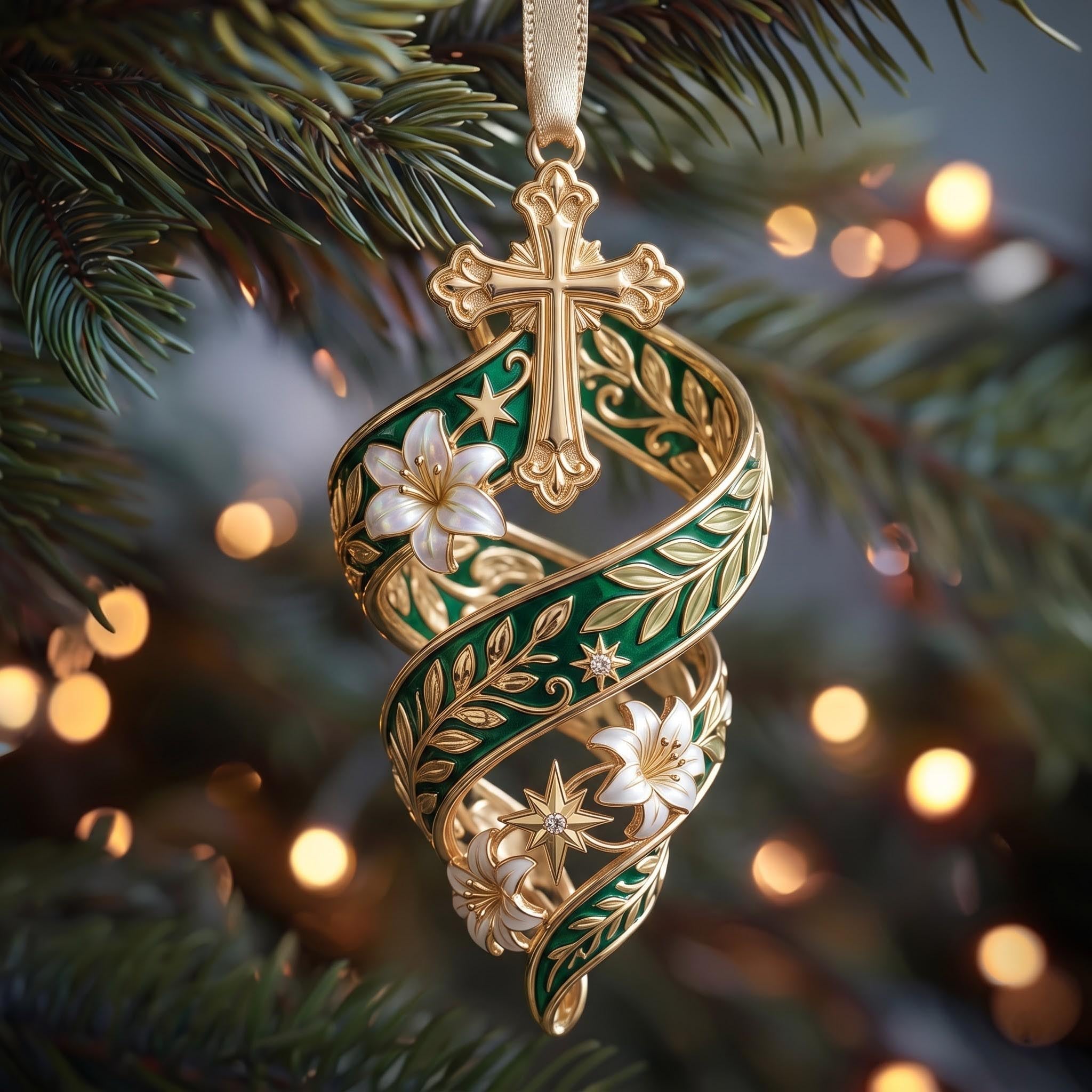Evergreen Vine Cross Spiral Christmas Ornament