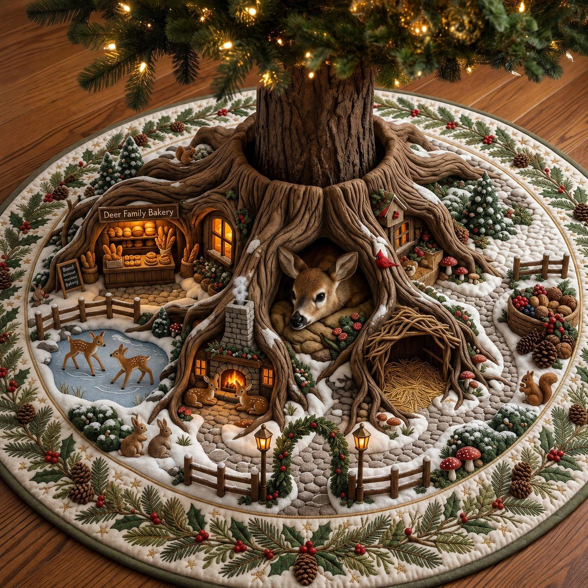 Cabin Village Inside the Great Tree Christmas Tree Skirt