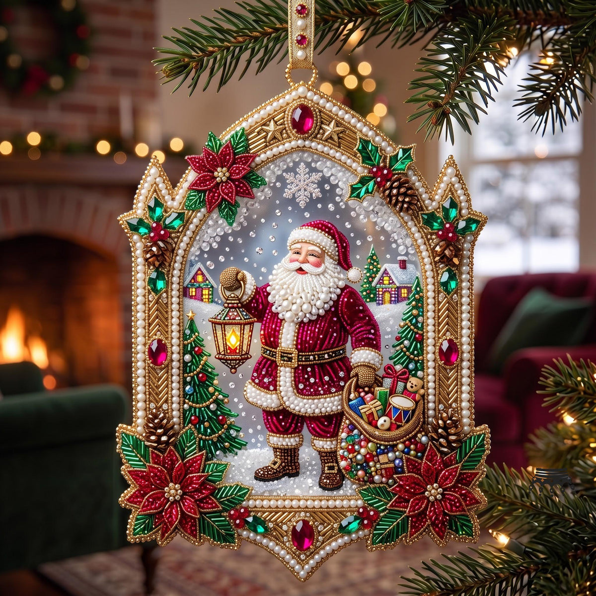 Beaded Santa Lantern Arch Christmas Ornament